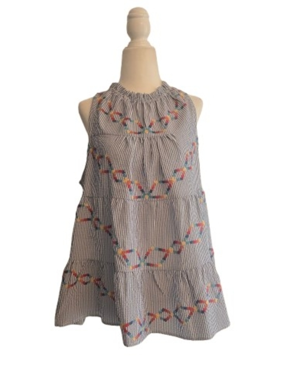 Savanna Jane Blue and White Striped Sleeveless Embroidered Swing Tank